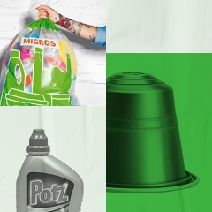 Collage aus mehreren Bildern: Von Links: Grüner Migros-Plastiksammelsack, eine einzelne Alu-Kaffeekapsel auf grünem Hintergrund, eine grosse Menge gebrauchte Kaffeekapseln und -pads, eine ergraute Putzmittel-Plastikflasche von Potz.